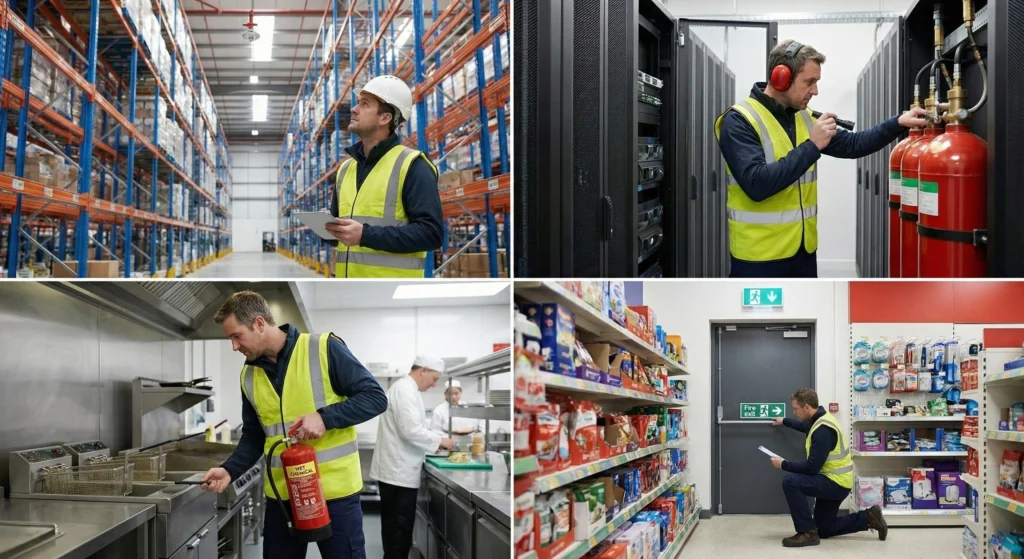Fire safety assessor conducting commercial fire risk assessments in various environments — inspecting a warehouse, data center fire suppression system, commercial kitchen with a fire extinguisher, and checking fire exit signage in a retail store — all while wearing a high-visibility vest and using a checklist.