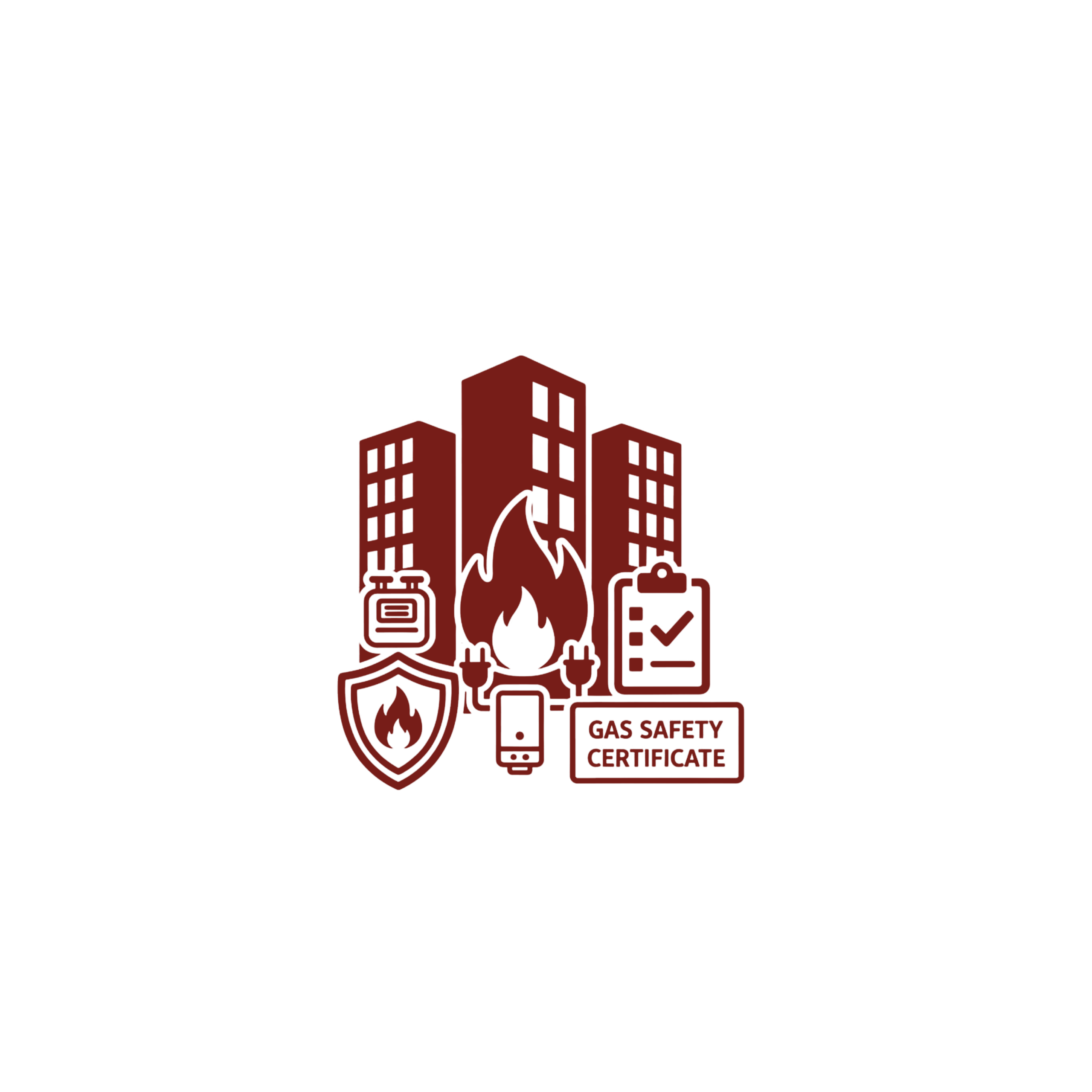 Icon showing commercial gas safety certificate with building and gas flame symbol