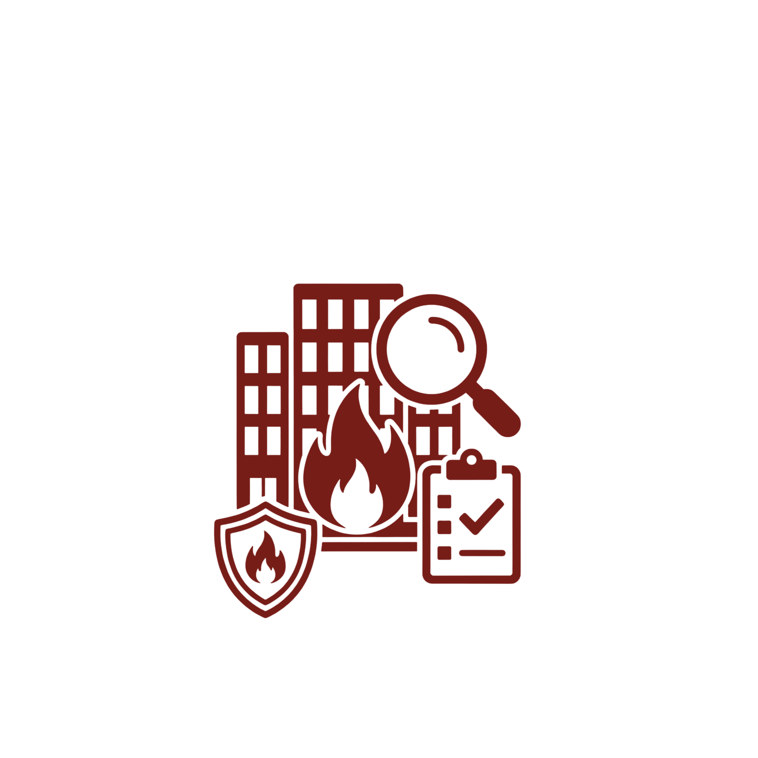 Icon representing commercial fire risk assessment with building and fire safety elements