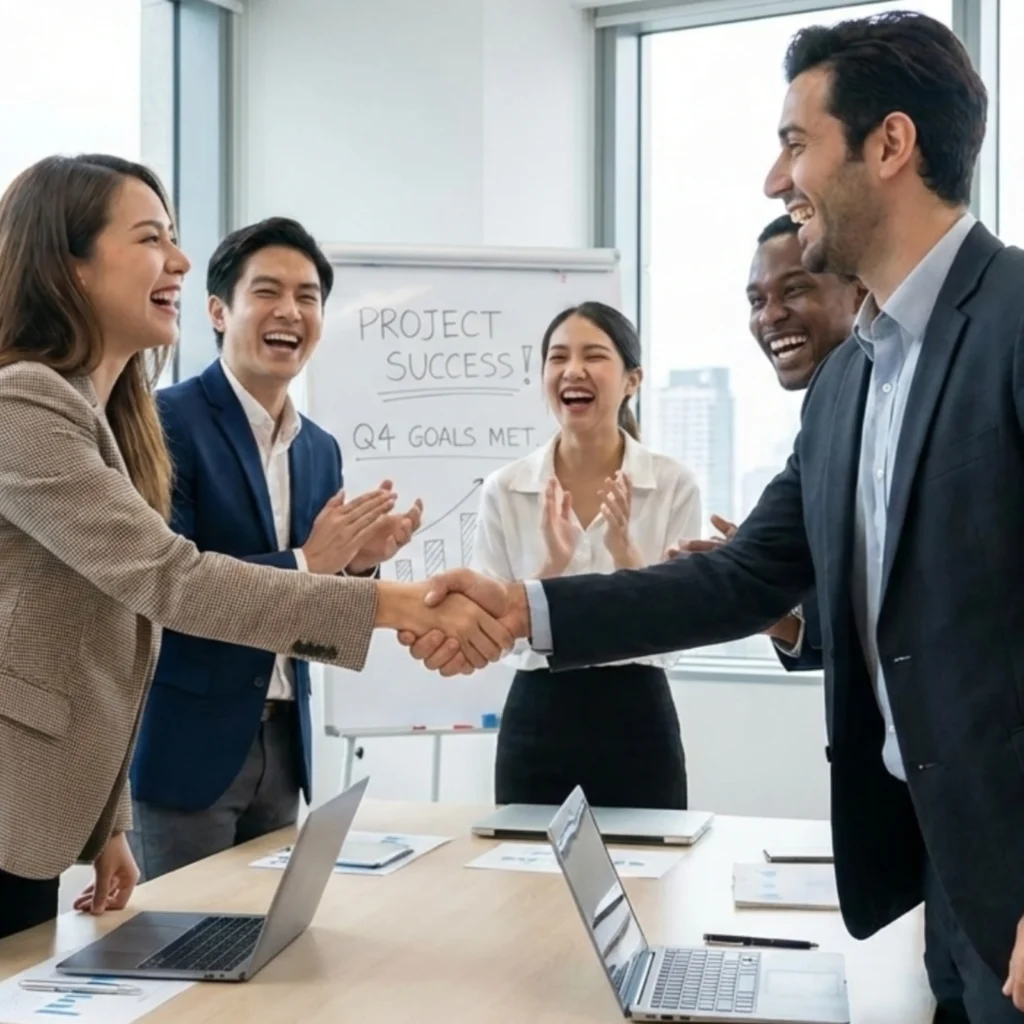 Happy client handshake or meeting with team.