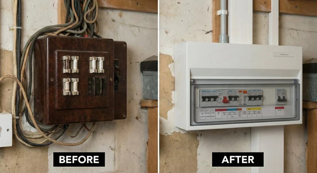 Side-by-side comparison showing an old fuse box on the left labeled 'Before' and a modern consumer unit on the right labeled 'After', highlighting an electrical panel upgrade