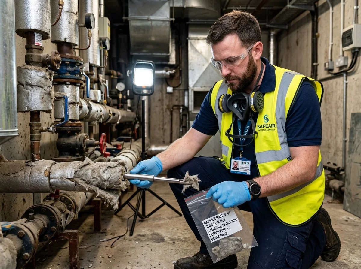CertiVest London BOHS P402 accredited surveyor taking bulk sample for Asbestos Survey London inspection