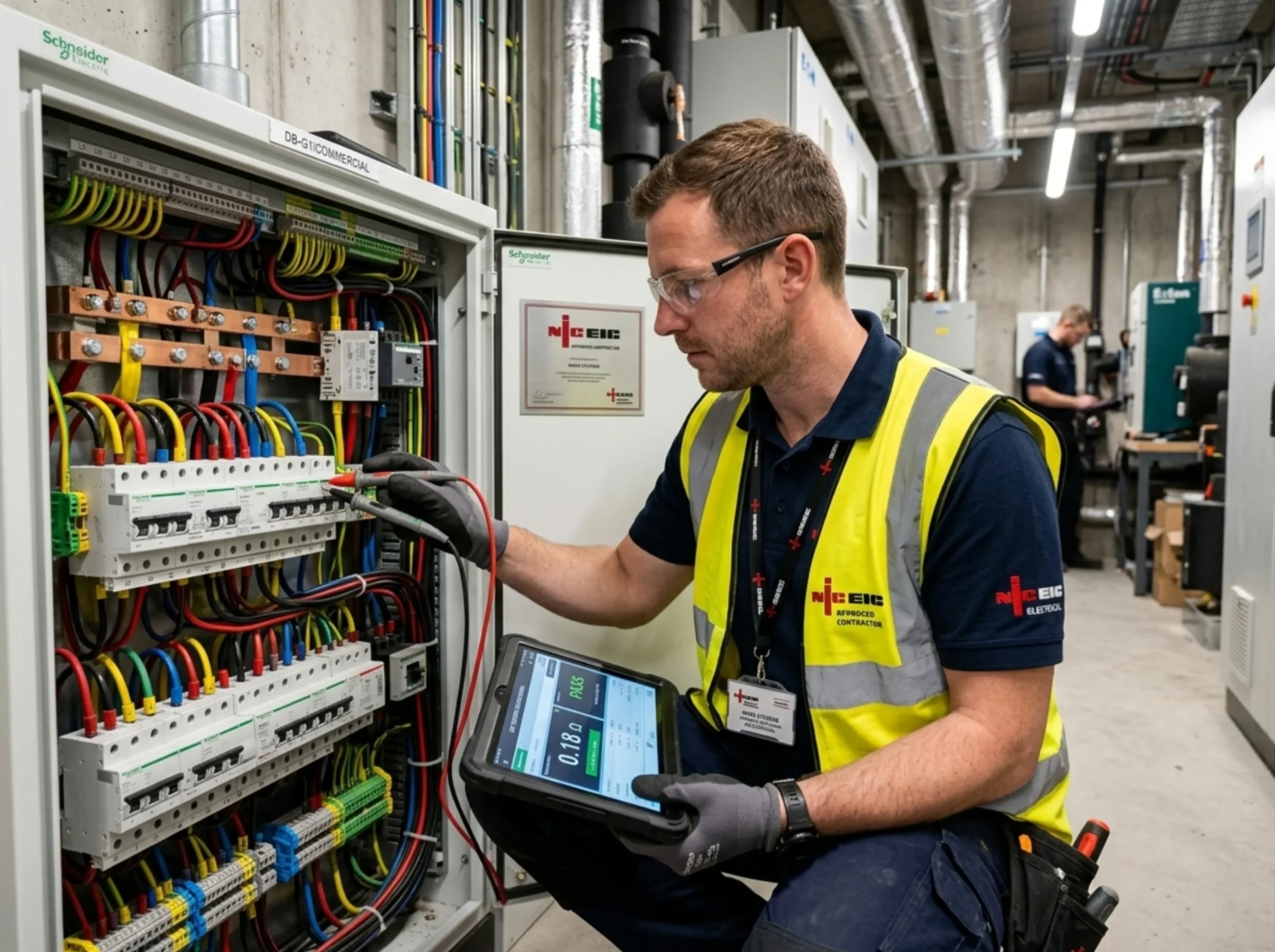 CertiVest London accredited commercial electrician conducting 3 phase testing for Commercial EICR London electrical inspection