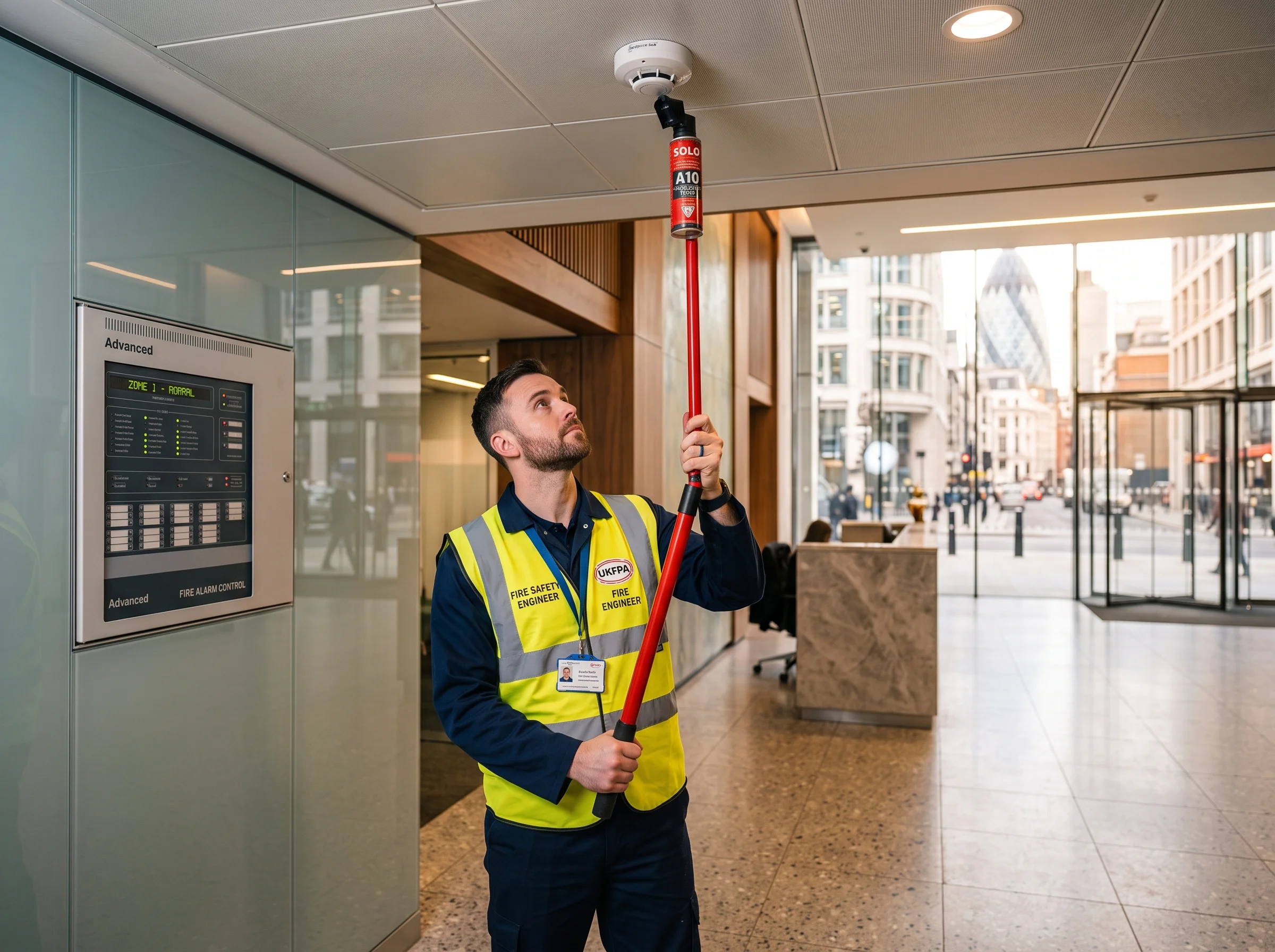CertiVest London certified fire alarm engineer testing detector for Commercial Fire Safety Certificate London