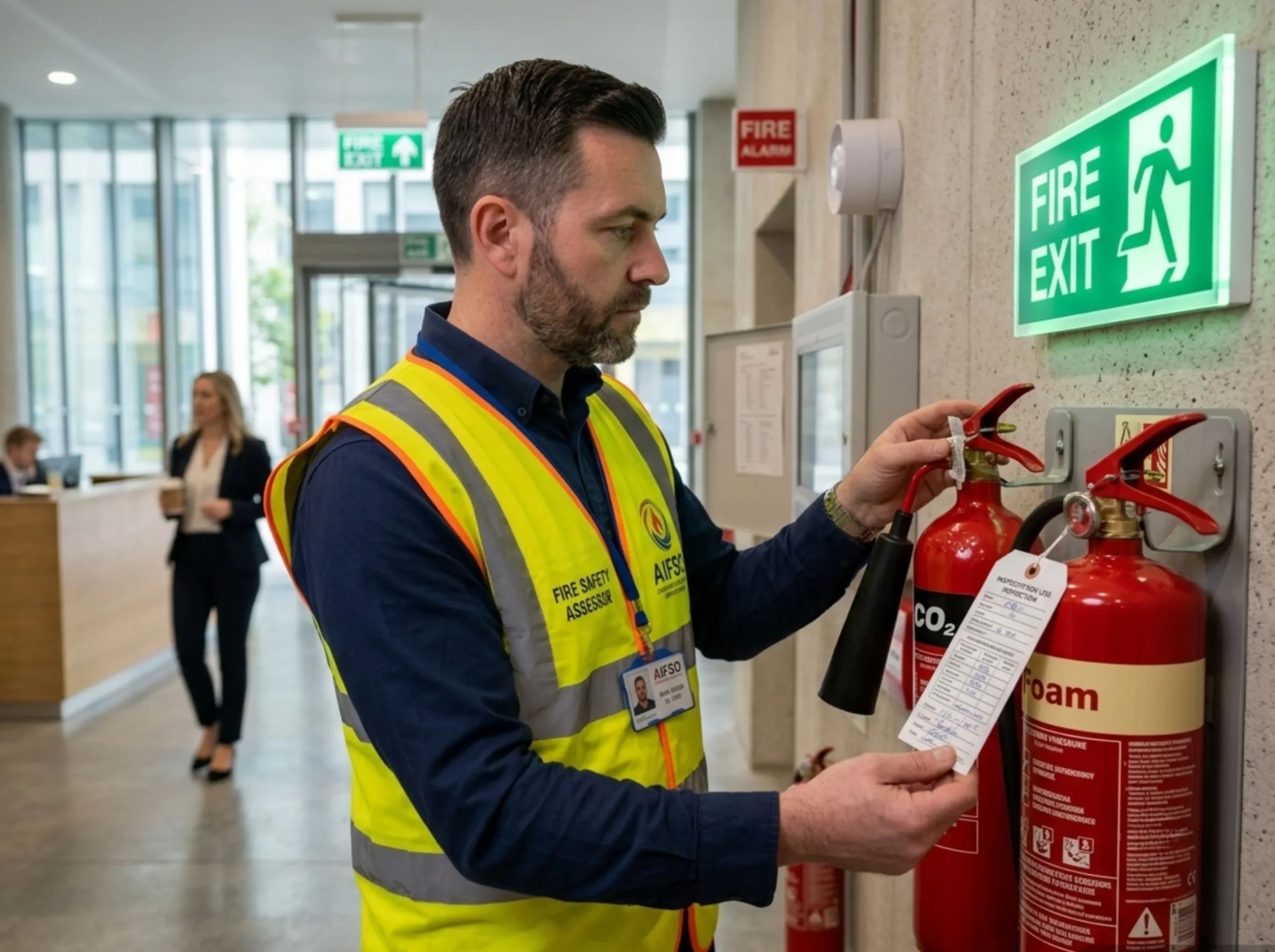 CertiVest London certified fire safety assessor inspecting addressable fire panel for Commercial Fire Risk Assessment London