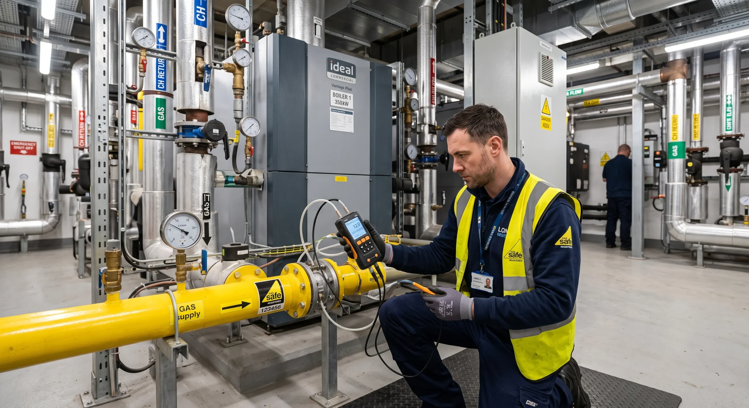 Commercial Gas Safe registered engineer inspecting industrial boiler plant room for Commercial Gas Safety Certificate London CP15