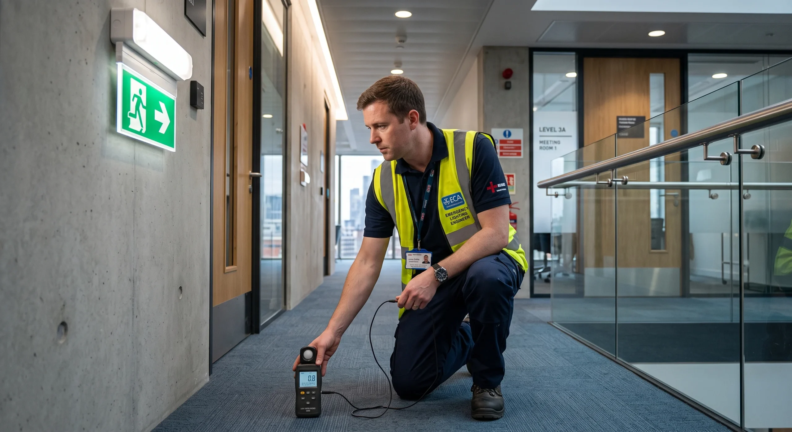 Certified electrician testing emergency exit light and luminaire for Emergency Light Inspection London