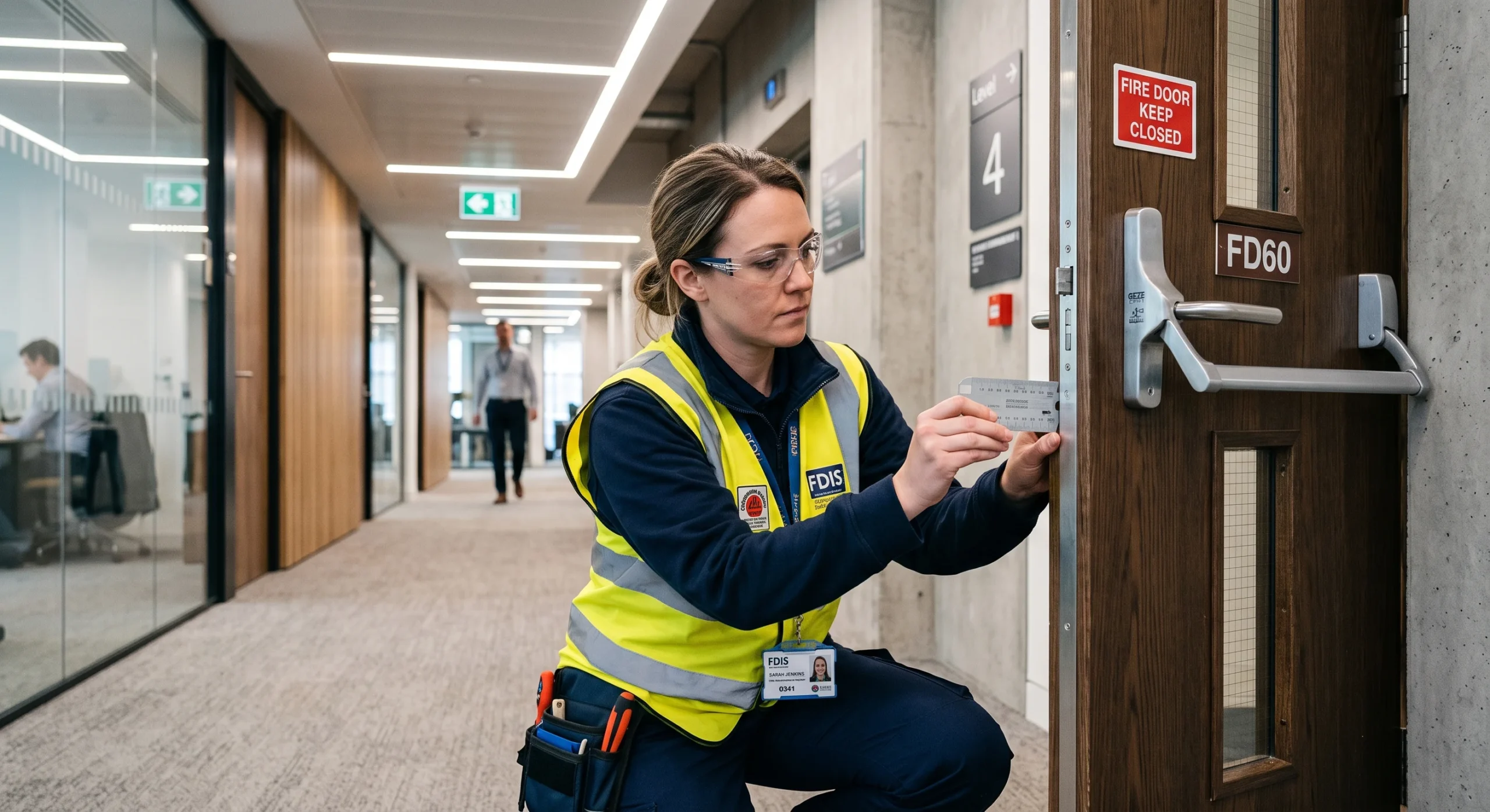 Certified fire door inspector checking commercial FD60 timber door gaps for Fire Door Inspection London