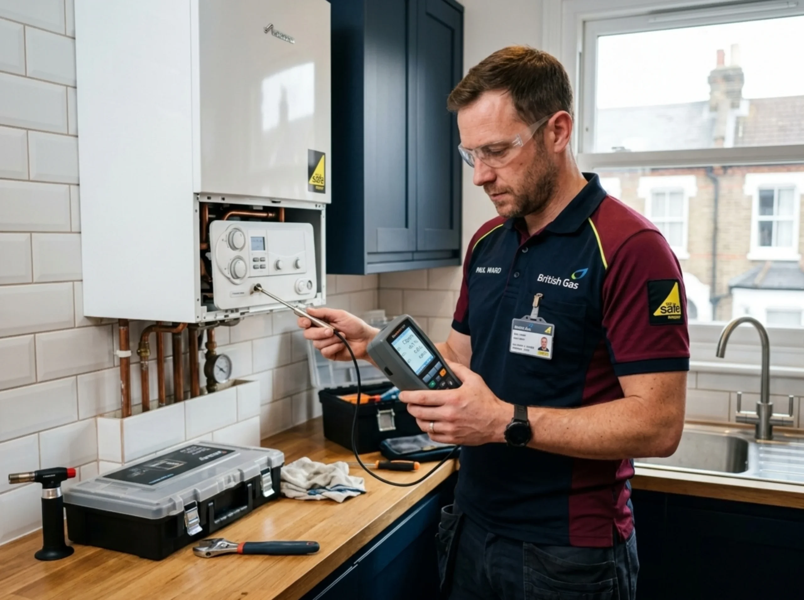 CertiVest London Gas Safe registered engineer inspecting combi boiler for Landlord Gas Safety Certificate London CP12